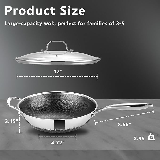 Hybrid 12 Inch Wok Pan with Lid, 5QT Stainless Steel Deep Woks & Stir-fry Pans with Flat Bottom, Stay-Cool Handle, Induction & Dishwasher & Oven Safe, Non Toxic, PFOA Free Skillet Cookware