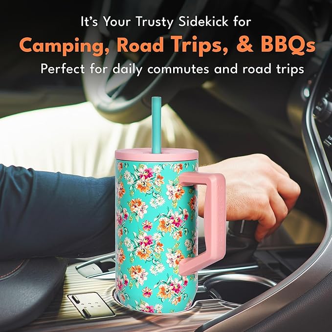 Elemental 40 oz Tumbler with Handle and Straw - Spill Proof Insulated Stainless Steel Commuter for Hot and Cold Beverages - Travel Coffee Mug with 2 Straws & Spill Proof Lid - 40oz - Vintage Flower