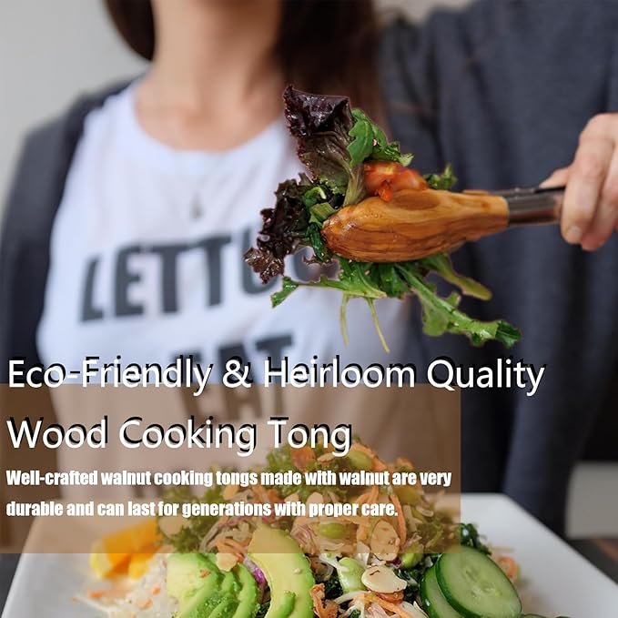 Wooden Tongs for Cooking Heat Resistant 2 Pcs 9 Inch 12 Inch Wooden Salad Tongs with Wood Tip for Serving Food Walnut Wood Kitchen Utensils for Toaster Home Chefs Gift Suitable for Non-stick Cookware