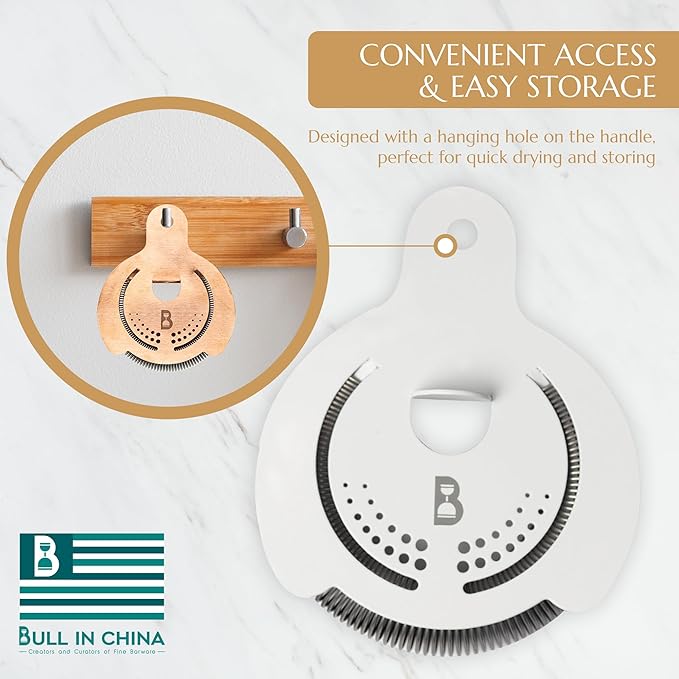Hawthorne Strainer by Bull in China In Matte White - Made In USA - High Density Spring Cocktail Strainer for Boston Shakers and Mixing Glasses for Bars & Bartenders