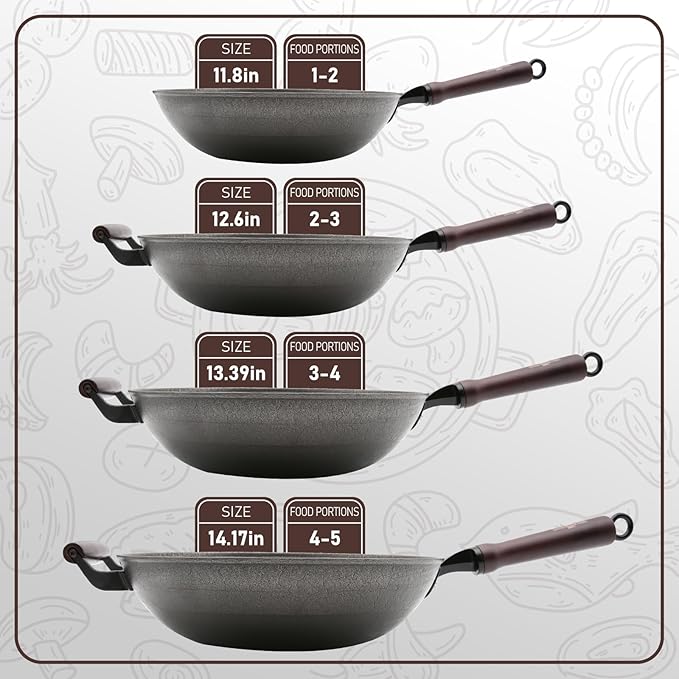 HONGJIANG Cast Iron Wok Pan, 14.2" Pre-Seasoned Flat Bottom Wok,Coating-Free Wok Stir Fry Pan With Glass Lid,Compatible Traditional Chinese Wok For Induction, Electric, Gas,Open Fire