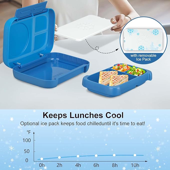 MAISON HUIS Chill Bento Lunch Box for Kids Adult with Ice Pack 3 Compartments Leakproof Lunch Containers Keep Food Cold for Girl Boy School