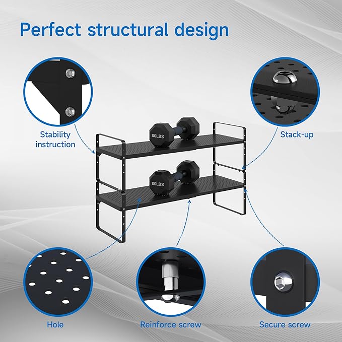 Expandable Cabinet Shelf Organizer Adjustable Metal Spice Rack Stackable Freestanding Counter Storage Shelves for Kitchen Cabinet Under Sink Office Desk (Black - 1Pack - L16.5-27'' * W8'' * H9.6'')