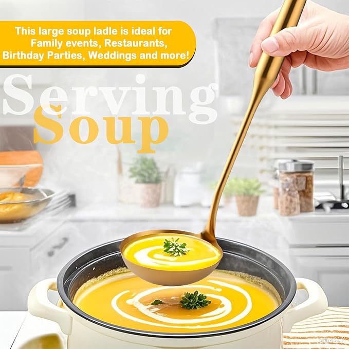 Soup Ladle, Stainless Steel Ladle spoon, Gold Ladles for Serving 14 Inch Serving Spoon Heavy Duty kitchen Utensils for Cooking Buffet, Party, Kitchen, Gold