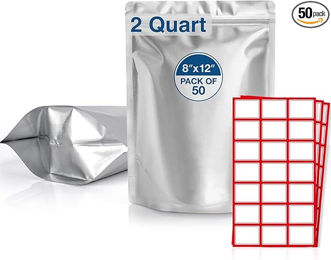 BELLE KR® 50 Pcs 2 Quart Mylar Bags for Food Storage - 8"x12" - 10 Mil Thick - Stand Up Mylar Ziplock Bags Resealable & Heat Sealable for Long Term Food Storage