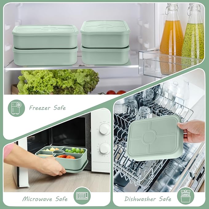 4 Pack Silicone Bento Boxes for Adults, 5 Compartment Reusable Lunch Containers with Sauce Section, Leakproof Meal Prep Snack Box Microwave & Dishwasher Safe for Work School Office(Green)