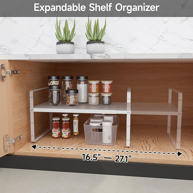 16.5-27’’L Expandable Cabinet Countertop Shelf Organizer, Stackable Metal Shelves, Kitchen Organizers and Storage, White Storage Spice Rack for Pantry and Cupboard