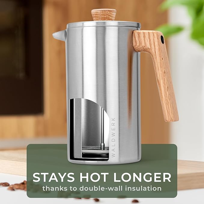 WALDWERK French Press (34 oz) - Stainless Steel Double Wall French Press Coffee Maker - Plastic Free Coffee Press with Oak Wood Handle - Insulated Stainless Steel Coffee Maker