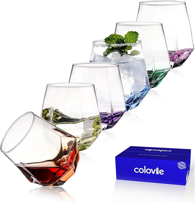 ColoVie Stemless Wine Glasses Set of 6, Cocktail Glasses, Diamond Shaped Wine Glasses for White or Red Wine, Unique Colorful Drinking Glasses,10 oz Easy Hold, Cute, Dishwasher Safe
