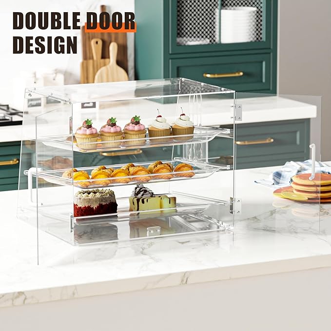 3-Tier Commercial Countertop Bakery Display Case with Rear Doors, 20.9 x 17.3 x 16.7 inches, Clear Countertop Cabinet for Pastries and Desserts