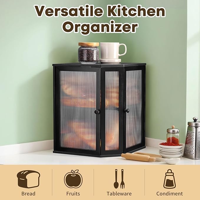 Corner Bread Box for Kitchen Countertop - Bamboo Large Capacity Bread Storage Bin with Acrylic Wavy Door Panel,Dual Door Bread Organizers Under Cabinet Mount Shelf (Black)