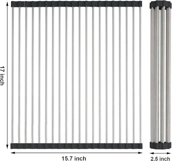Searik Roll up Dish Drying Rack, Over The Sink Rolling Dish Drainer Rack Multipurpose Foldable Kitchen Stainless Steel Dish Rack Sink Drying Rack for Kitchen Sink Counter (17"x 15.7")