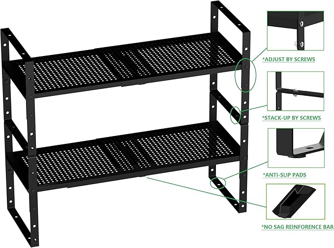 Expandable Shoe Rack Stackable Metal Pantry Storage Shelves Stand Adjustable Height Cabinet Shelf Organizer Racks Spice Shelving(3PACKS/BLACK,LARGE)