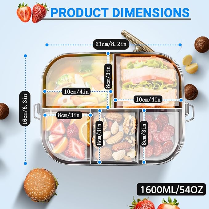 Leakproof Stainless Steel Bento Box (1600ml/54oz) with 5 Sealed Compartments, Metal Lunch Container for Women Adult, Metal Food Storage Lunch box for Work, Travel