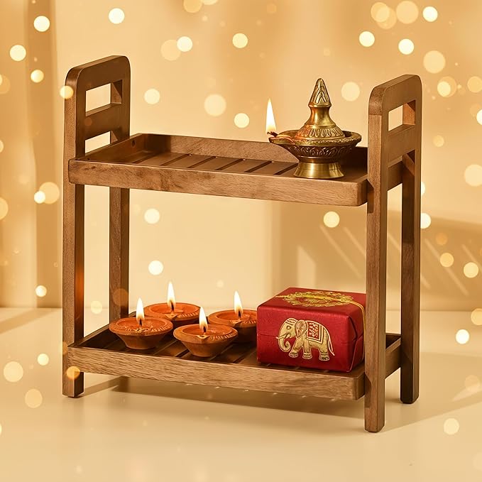 Brick Brown Premium Cocoa Kitchen Wooden Organizer 2-Tiered Serving Stand| Display Snacks, Fruits & Desserts | Kitchen & Dining Organizer in Mahogany Finish (Self Assembly)