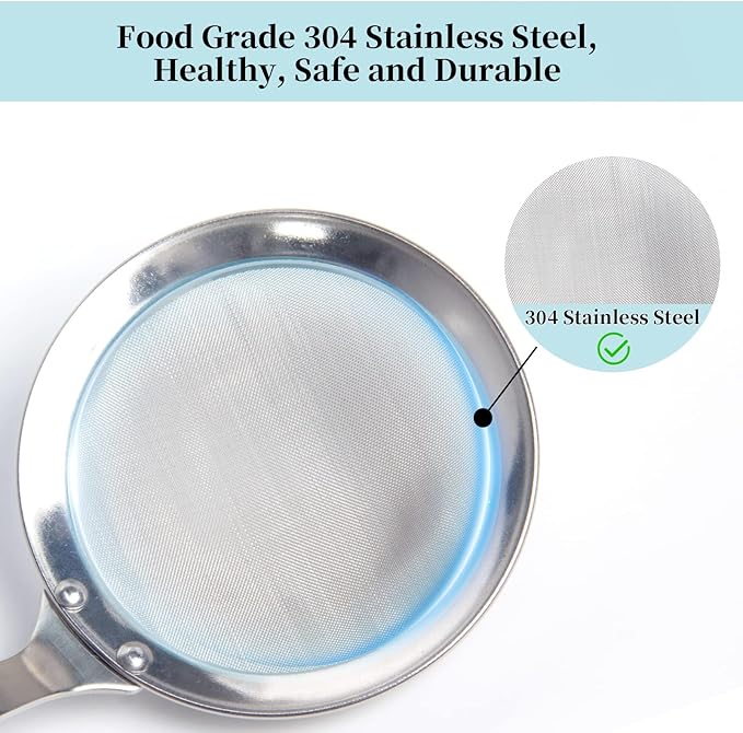 Newness Fine Mesh Strainer Set of 5 with Handle, 304 Fine Mesh Stainless Steel Colander, Wire Strainers for Kitchen, Fat Oil Strainer Skimmer Spoon, Durable Metal Multipurpose for Food, Rice, Quinoa