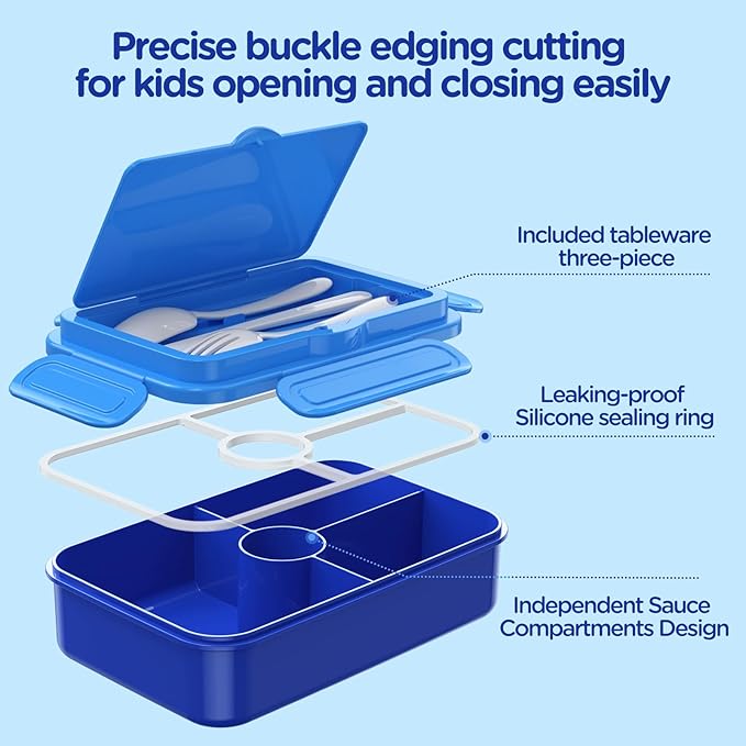 Jelife Bento Lunch Box - Kids Prints Leakproof 4 Compartments Large Bento-Style Bento Box Toddler Lunchbox Containers with Tableware Back to School, Reusable On-the-Go Meal and Snack Packing, Dianosar