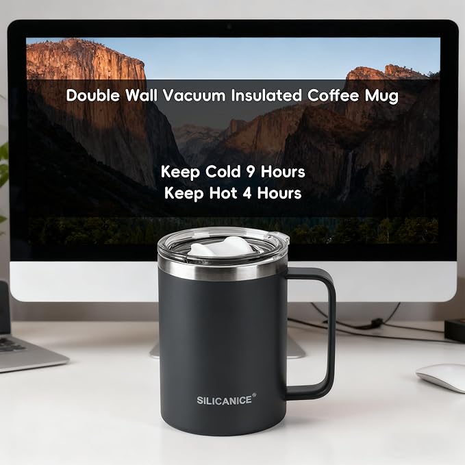 14/24oz Insulated Coffee Mug Cup With Handle, 304 Stainless Steel Vacuum Insulation, Tritan Detachable Slider Lid, BPA Free, Dishwasher Safe - Office & Home - Gray