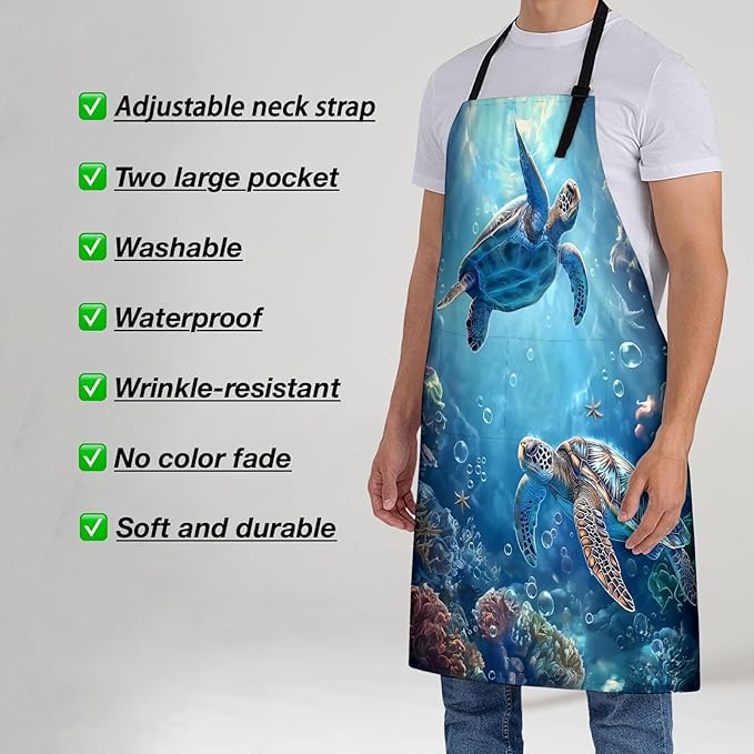 Ocean Turtle Apron for Women, 28x33in, Kitchen Chef Aprons with 2 Pockets, Polyester, Sea Turtle and Coral Reef Apron for Cooking BBQ Baking Gardening Chef, Gifts for Mom Wife Dad