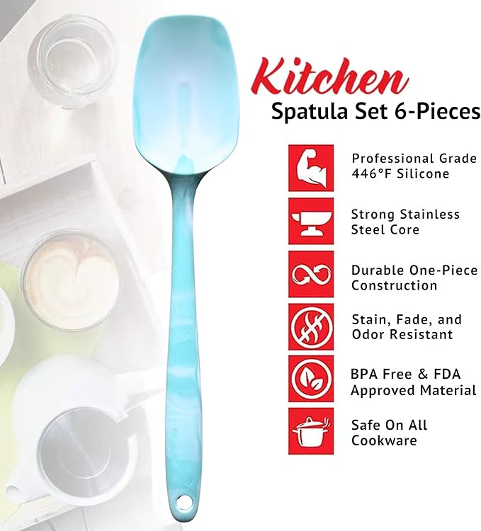 Premium Silicone Marbled Spatula Set of 6 – 446°F Heat-Resistant One-Piece Steel Core, Non-Stick Kitchen Tools for Baking, Cooking & Mixing – Dishwasher Safe (Green)