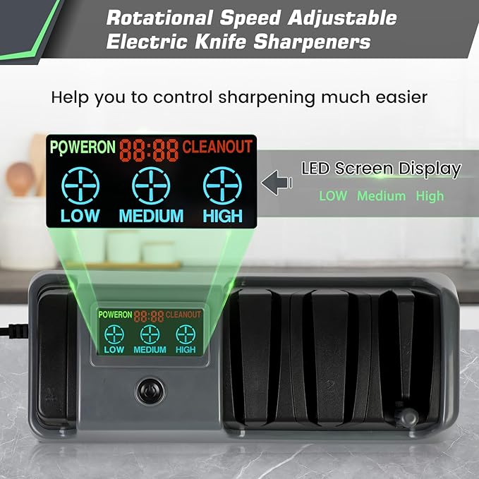 Electric Knife Sharpener with LCD Screen for Straight, Serrated, Meat Cleaver, Ceramic Knives & Scissors, 3 Rotational Speed Adjustable Electric Kitchen Knife Sharpener, 100% Diamond Abrasives