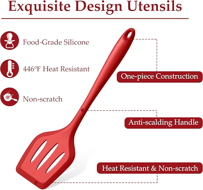 LIANYU 4Pcs Kitchen Utensils, Silicone Cooking Utensils Set, Heat Resistant Cooking Tools, Include Turner, Spoon, Pasta Server for Nonstick Cookware, Healthy & Dishwasher Safe, Red