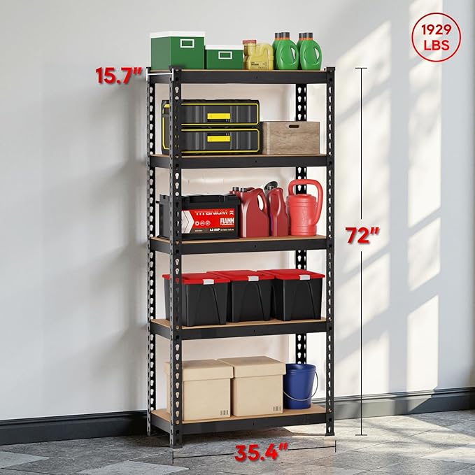 Storage Shelves 5 Tier Garage Shelving Heavy Duty Storage Rack, Adjustable Metal Shelving Unit, Garage Shelves for Basement Warehouse Pantry, 1930LBS, 72" H x 35.4" W x 15.7" D, Black