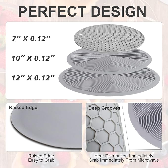 4 in 1, KooMall Trivets for Hot Dishes Pots and Pans & Multi-Purpose Microwave Mat, Silicone Hot Pads for Kitchen Counter, Quartz Countertop Hot Plates Protectors, Heat Resistant, Gray 12'' 10'' 7''