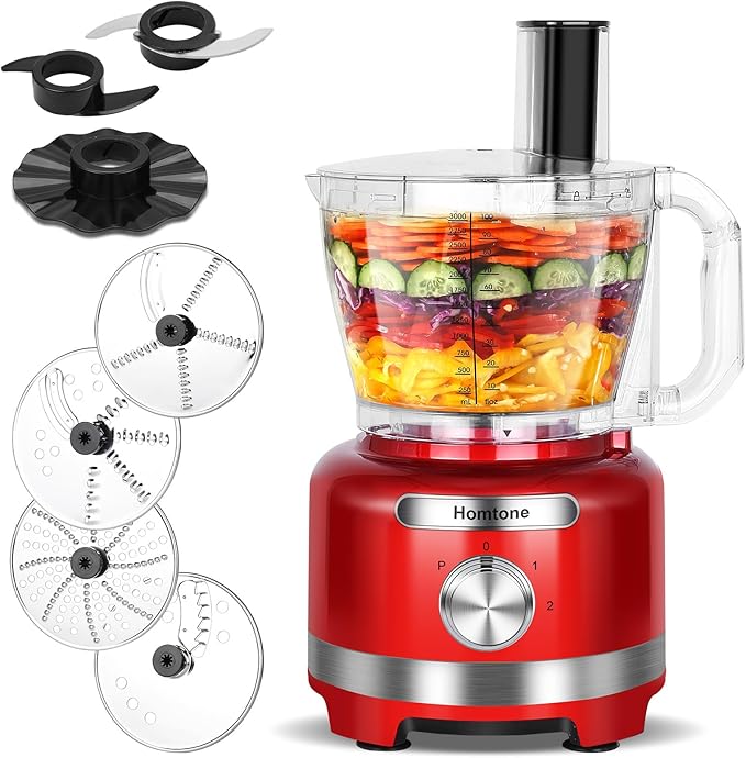 Homtone 16 Cup Food Processor, 9 Functions 7 Blades 3 Speeds for Shredding, Slicing, Doughing, Emulsfying and Meat Vegetable Chopping for Home Use, 600W (Red)