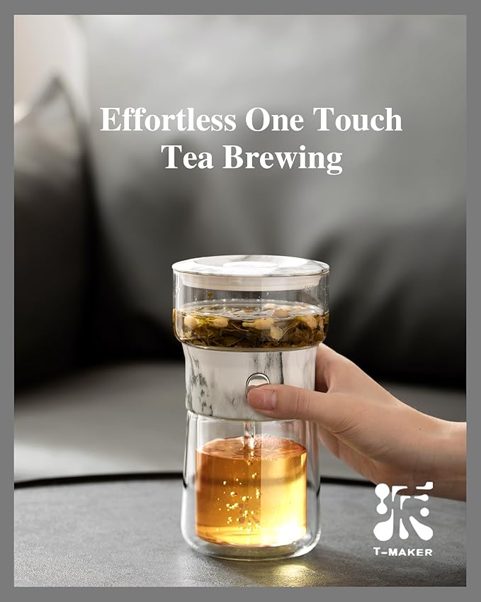 ZENS Modern Small Glass Infuser Teapot, Magic One Touch Drip Tea Pot Infusers for Loose Tea Diffuser, Cool Herbal Teapot with 200ml insulated Cup and Portable Gray Tea Kits for Tea Lovers Gifts