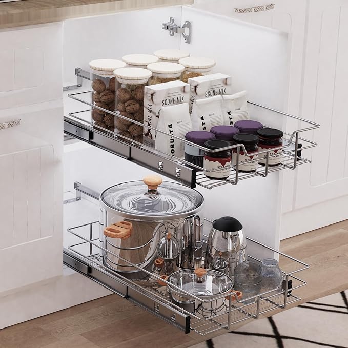 Pull Out Cabinet Organizer 17" W X 22" D, Slide Out Drawers For Kitchen Organizers and Storage, Pull Out Drawers For Cabinets Capacity Heavy Duty Caddy, Cabinet Shelves Chrome-Plated, Bathroom Pantry