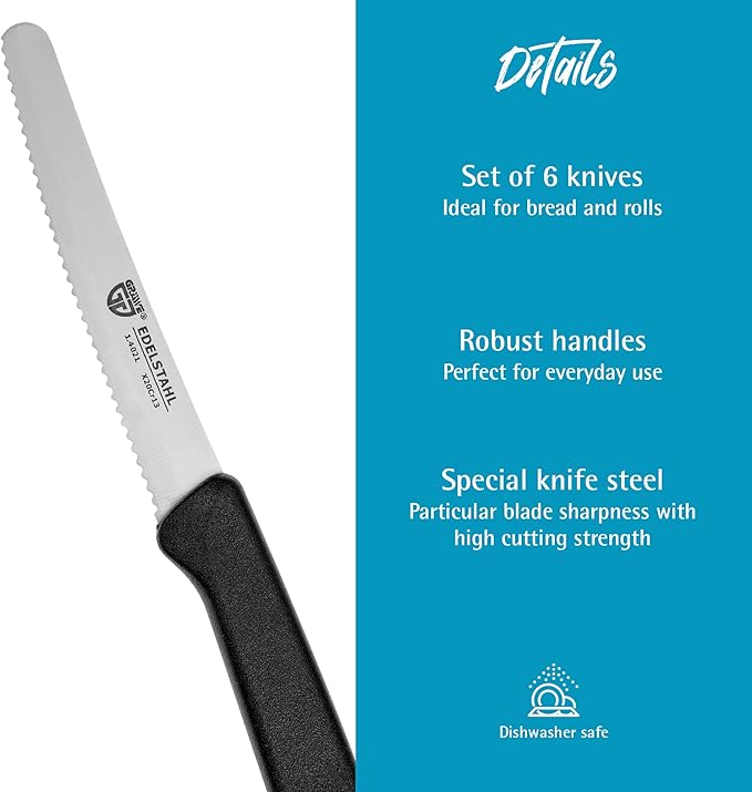 GRÄWE table knives 6 pieces, knife set for cutting, pack of 6 bread knives, breakfast knives with serrated edge on one side, knife 21 cm - Black