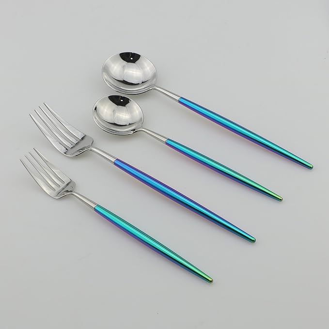 5-Piece Coloful Rainbow Handle Silver Flatware Set, Mirror 18/10 Stainless Steel, Service for 1