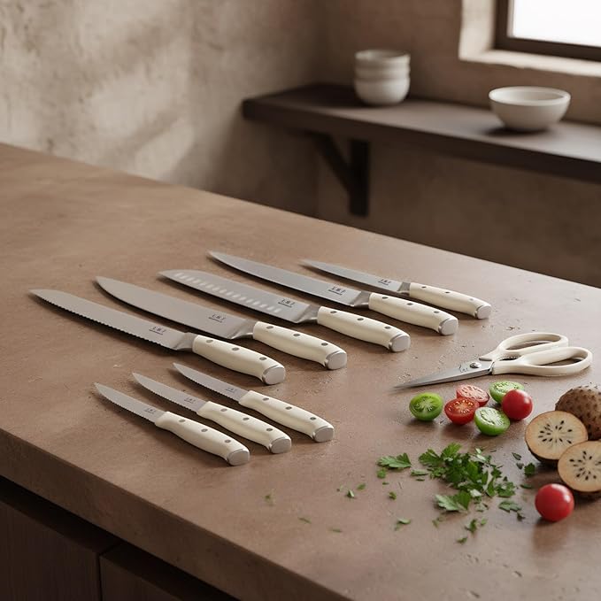 Premium Chef Knife Set High Carbon Stainless Steel Ergonomic Triple Rivet Handle Sharp Knife Set for Kitchen Hundreds of Years of Masterful Craftsmanship(Ivory Pro,15PCS)