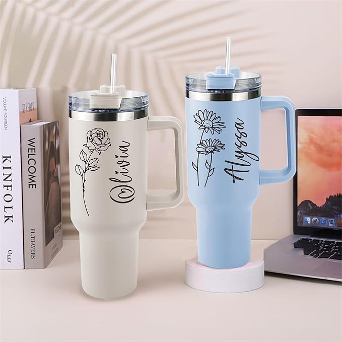 ThermoThrill Ships Next Day, Personalized 40 Oz Tumbler with Handle and Straw Custom Tumbler with Text Stainless Steel Mug Birthday Gifts for Women