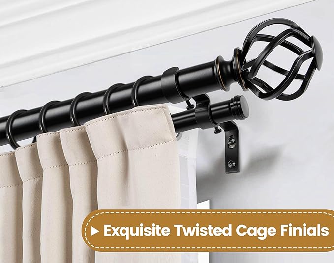 KAMANINA 1 Inch Double Curtain Rods 66 to 120 Inches (5.5-10 Feet) Telescoping Heavy Duty Drapery Rod for Windows 54 to 115 with Twisted Cage Finials, Black