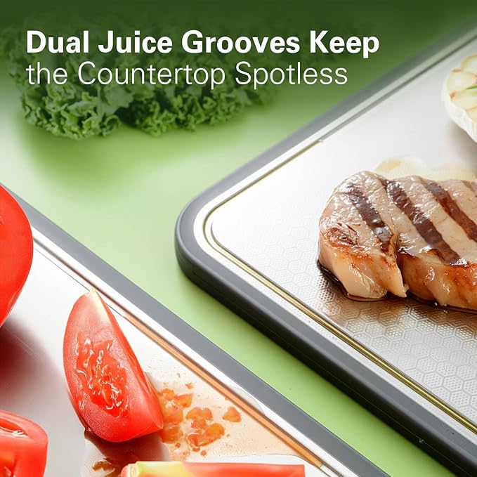Double-Sided Stainless Steel Cutting Board for Kitchen, 16''×11'' Scratch-Resistant Cutting Board for Meat, Vegetables & Fruits, Rust-Resistant Chopping Board with Juice Groove on Both Sides