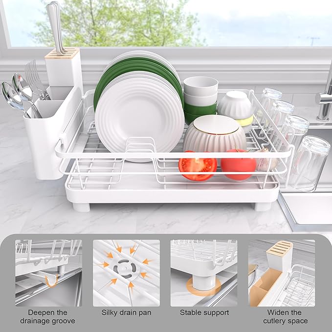 Runnatal Dish Drying Rack, Stainless Steel Dish Rack with Drainboard for Kitchen Counter and Sink, Detachable 2-in-1 Utensil Holder, Cup Holder, Large Capacity Dish Drainer, White