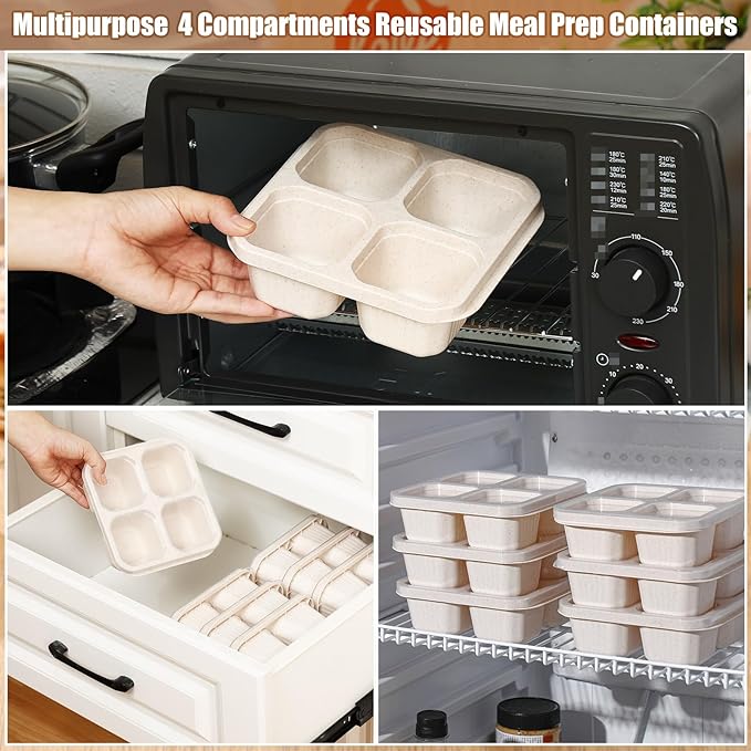 12 Pcs 4 Divided Compartments Snack Containers Bento Wheat Straw Snack Box with Lid Reusable Meal Prep Lunch Box Food Storage Containers for Adults Christmas Travel Work Gifts(Beige)