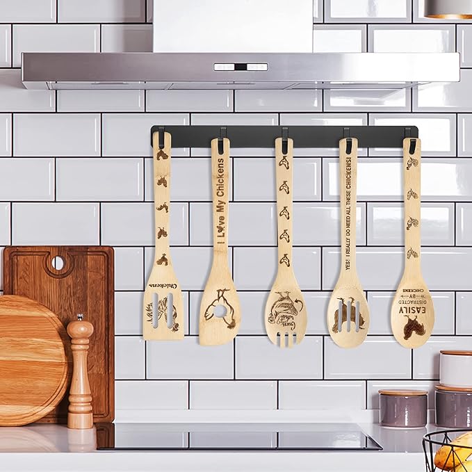 Eartim Wooden Cooking Spoon Utensil - 5Pcs Father's Day Chicken Rooster Kitchen Cooking Utensil Non-Stick Carve Burned Bamboo Spoon Set Slotted Spatula Cookware Kitchen Gadget Dad's Papa Birthday Gift