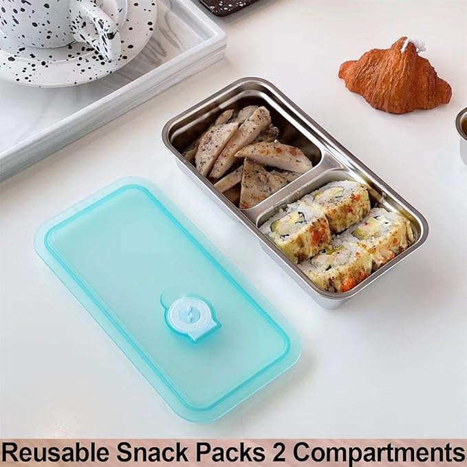 2Pcs Snack Pack Containers with Lids, Total 4 Compartment Snack Containers, Reusable Snack Containers for Adults, Stainless Steel Containers for Nuts, Fruits
