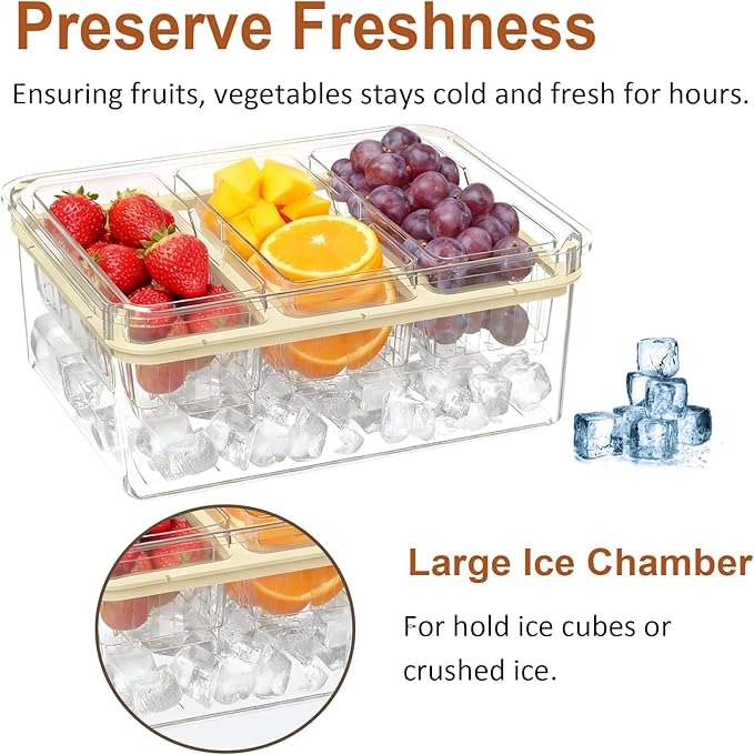 Bread Box with Slicer & Ice Chilled Condiment Caddy, Portable Airtight Bread Storage Container with Lid Handle for Kitchen Counter, Bread Keeper for Homemade Bread,Toast, Bagel, Cookies, Beige