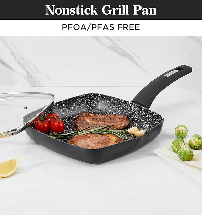 KOCH SYSTEME CS 9.5 Inch Nonstick Grill Pan for Stove Tops, Marble Coating Square Grill Skillet with Lid, Fry Pan Compatible with all Stoves, Ultimate Nonstick Skillet with Bakelite Handle, Toxic-Free