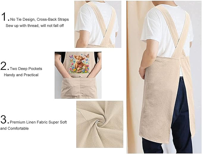 Cotton Linen Apron Non-tie Cross Back Kitchen Apron with Pockets Soft Comfortable Durable for Cooking Baking Gardening (Khaki,Highland Cattle)