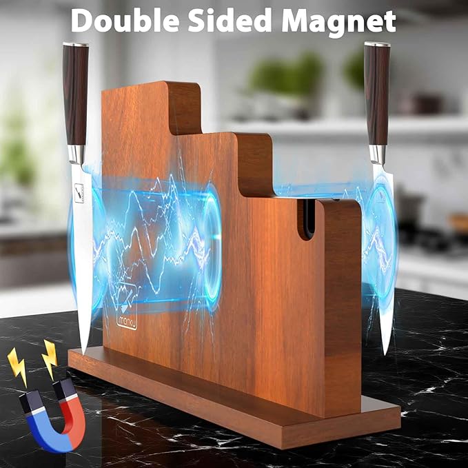 Magnetic Knife Block 13 x 10 Inches, imarku Magnetic Knife Holder Rack for Kitchen Counter, Double Sided Magnet Knife Storage Stand with Knife Sharpener, Brown