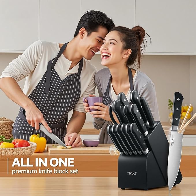 TIVOLI Knife Block Set, 15 PCS Kitchen Knife Set with Block & Sharpener Steel & Kitchen Scissor, High Carbon Stainless Steel Cutlery Knife Set, Ergonomic Wood Handle, Gifts For Cooks, Black