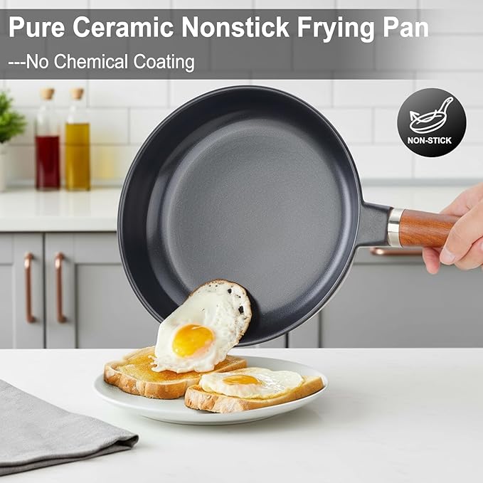Pure Ceramic Frying Pan, Nonstick 10 Inch Ceramic Skillet (Crafted From Natural Clay Minerals Through Firing), PFAS-Free, Non Toxic/No Coatings Cooking Pan, Induction Pan (Black)