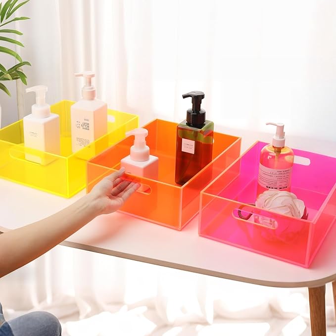 Large Storage Bin Acrylic Pantry Storage Container with Handles Kitchen Organizer Bin for Cabinet Cupboard Organization, Heavy Duty, 15.4 x 11.4 x 5.5'', Neon Yellow