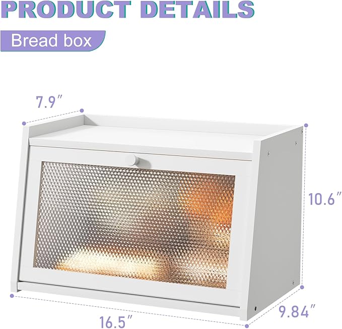 Large Farmhouse Bread Box with Window -White Natural Wood Bread Storage Container for Kitchen Countertop