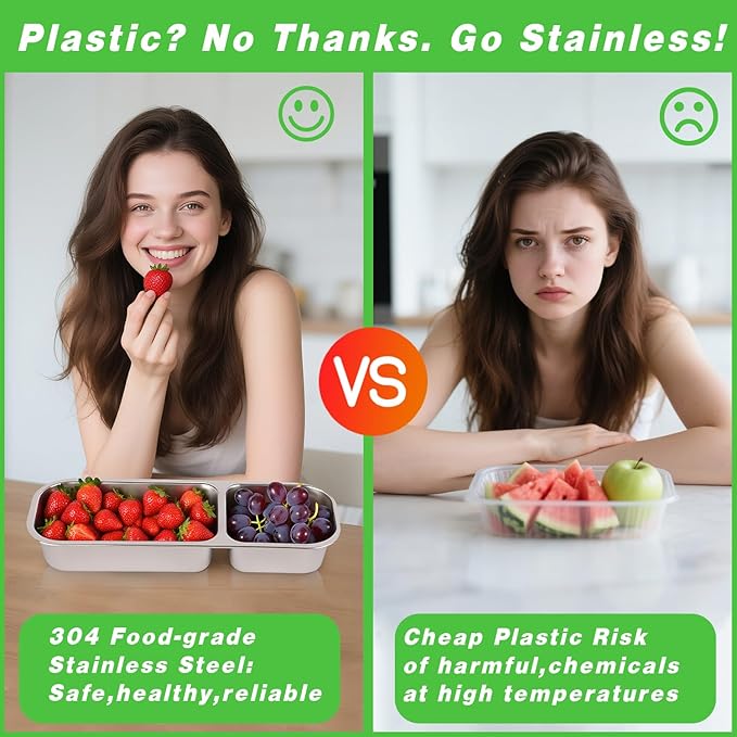 Stainless Steel Snackle Container For Adults, Reusable Bento Lunch Box Snack Containers, 2 Compartment Divided Food For Home Work Travel